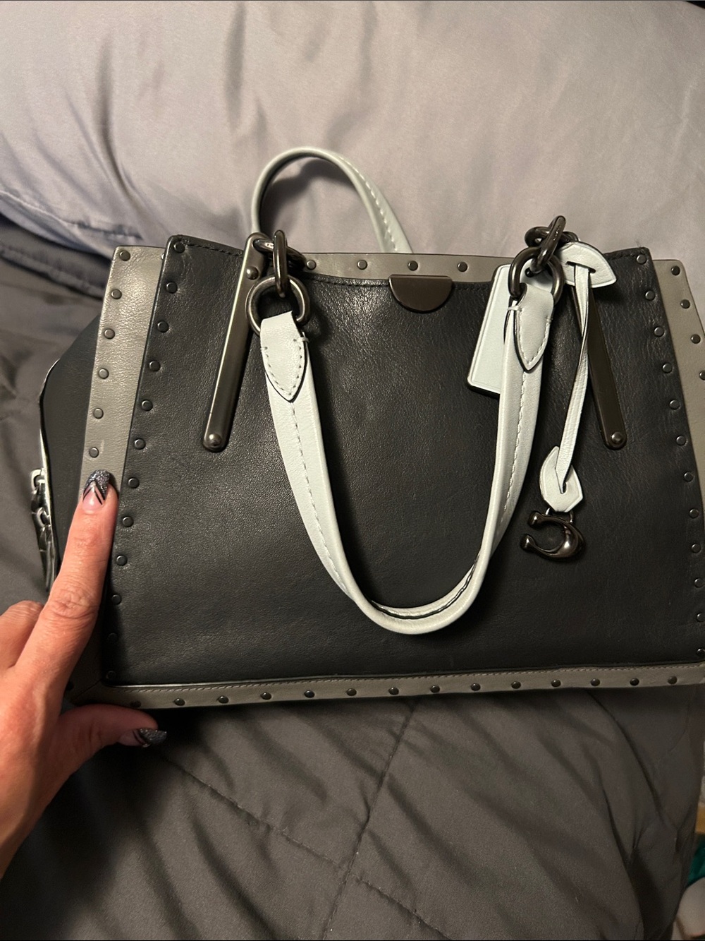 Coach Dreamer 27 Black, Light Gray, and Baby Blue Studded Leather Satchel - Picture 13 of 13